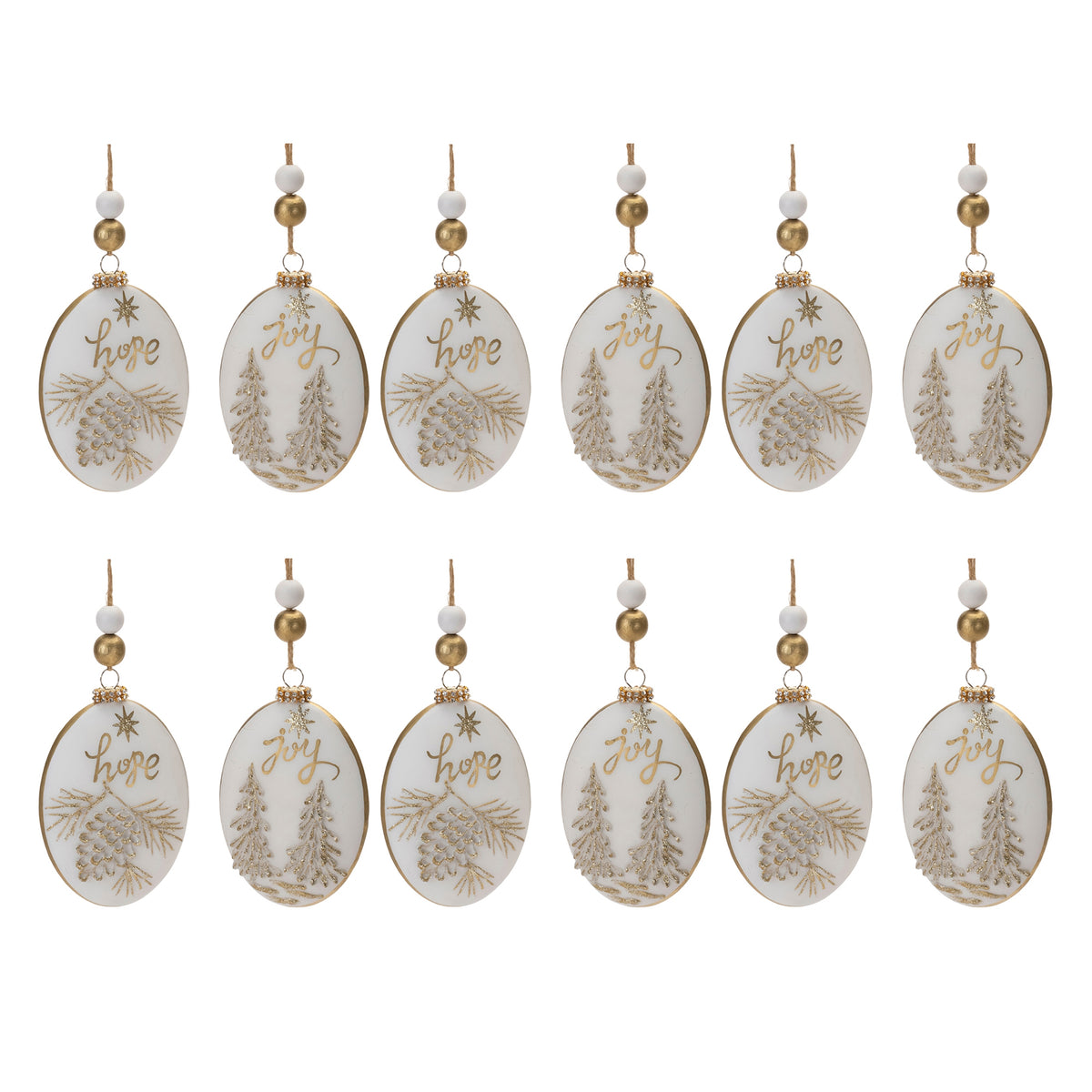 Glittered Glass Hope and Joy Ornament with Wood Beads (Set of 12)