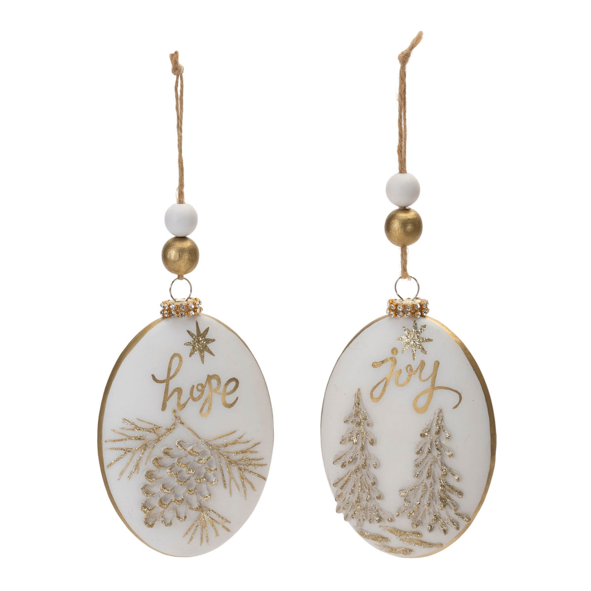 Glittered Glass Hope and Joy Ornament with Wood Beads (Set of 12)