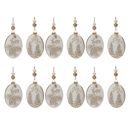 Glittered Glass Hope and Joy Ornament with Wood Beads (Set of 12)